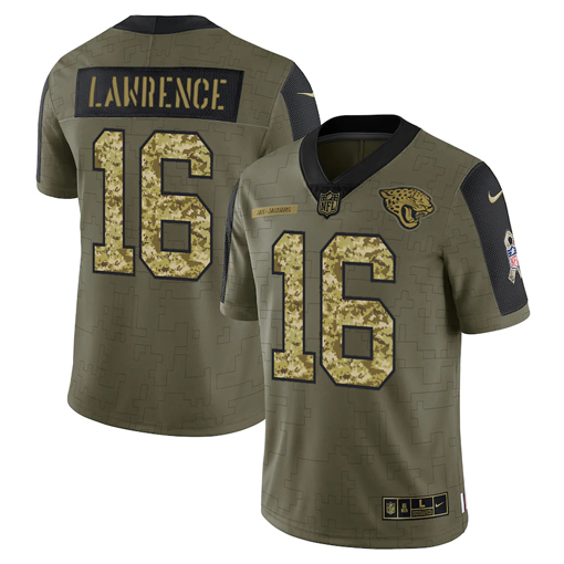 Men's Jacksonville Jaguars #16 Trevor Lawrence 2021 Olive Camo Salute To Service Limited Stitched Jersey - Click Image to Close